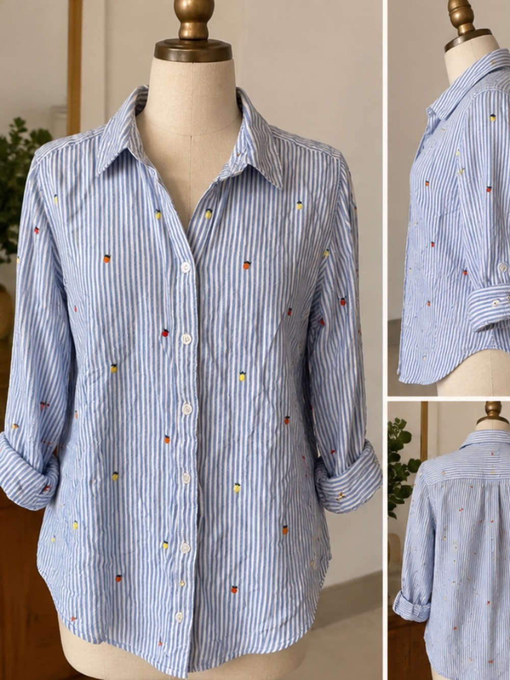 Women’s Large Blue White Striped Embroidered Fruit Button Down Shirt Time & Tru